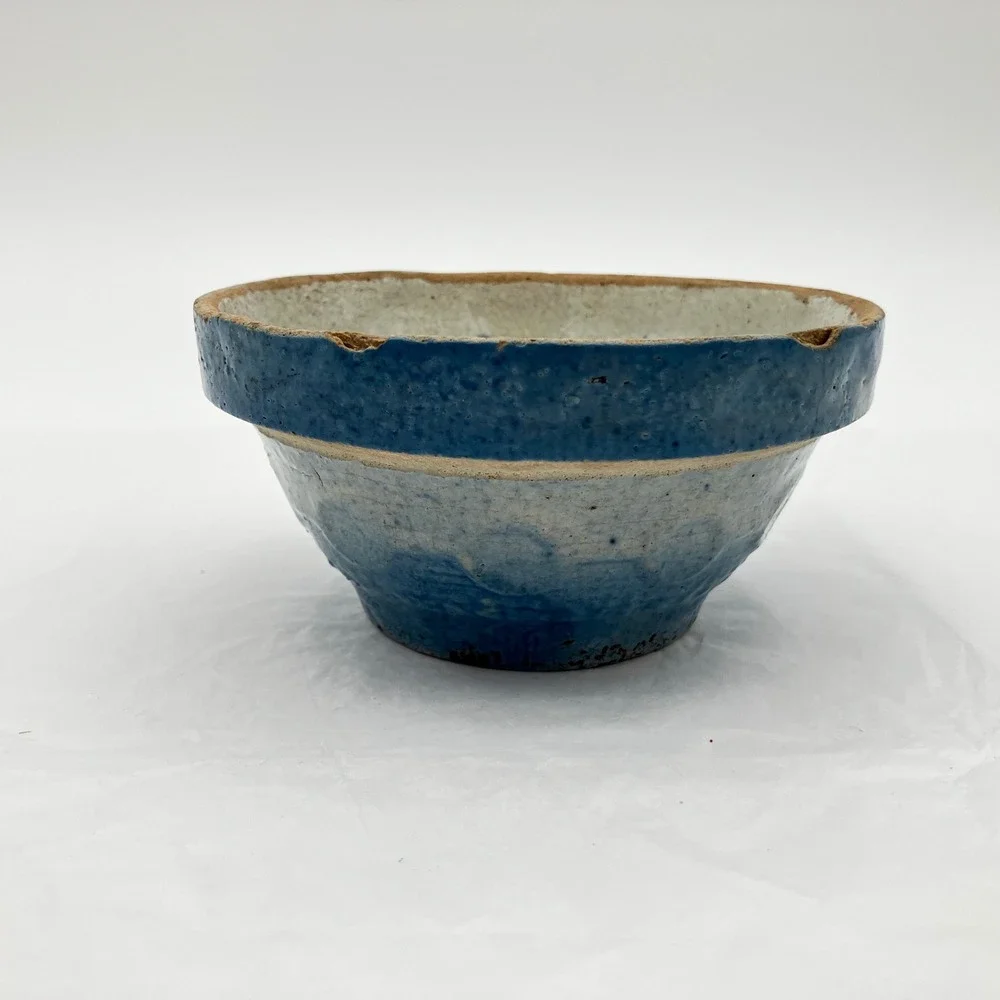 1900s Antique Blue&White Salt Glazed Stoneware Nesting Mixing Bowl Wedding Ring